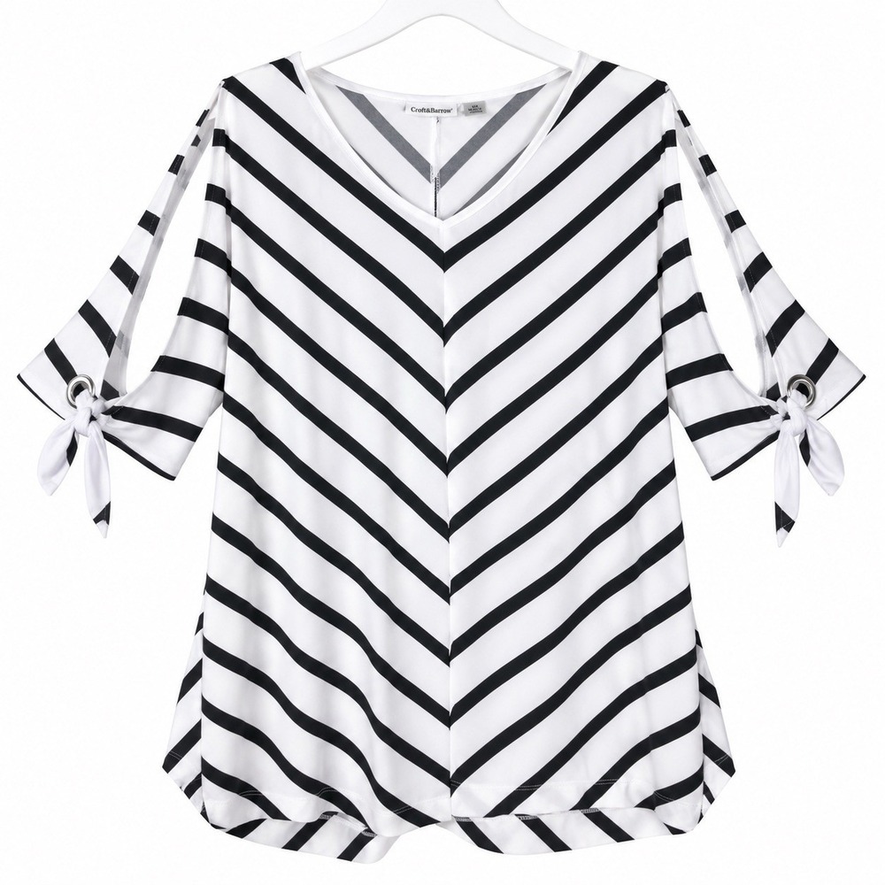 Croft & Barrow Women Medium Black White Striped V-Neck Tie Open Sleeve Blouse